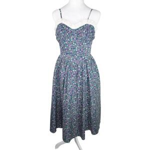 Vintage Candi Jones Micro Floral Sweetheart Dress Eyelet Lace Ruffle Cami Strap